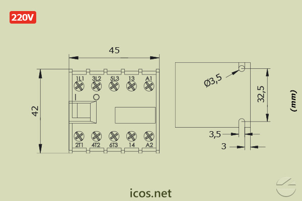 Dimensiones de Mini Contactor Weg CW07 220V para la instalación eléctrica de los Sensores